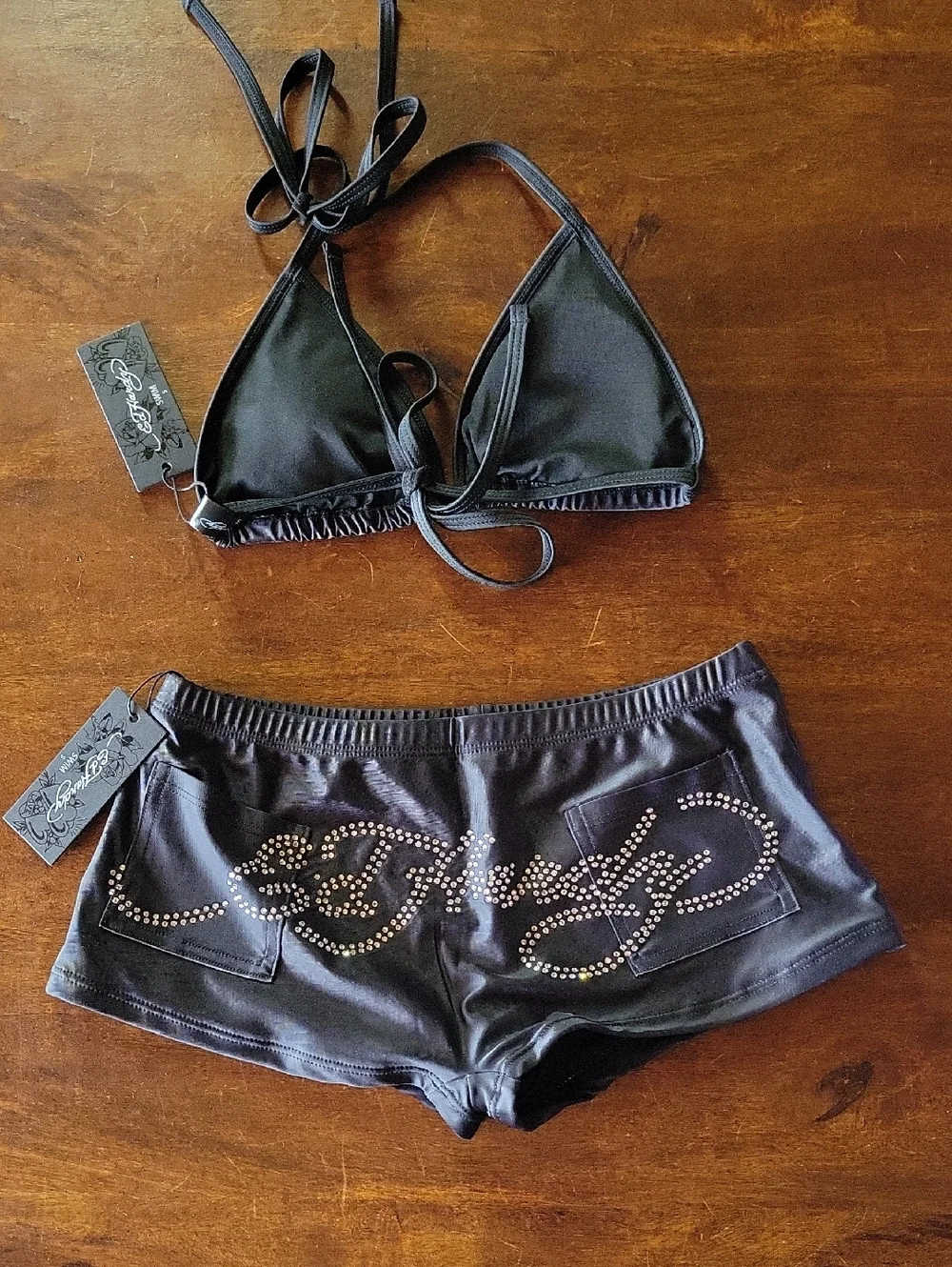 Ed Hardy Black Bikini Set with Red Heart Graphics